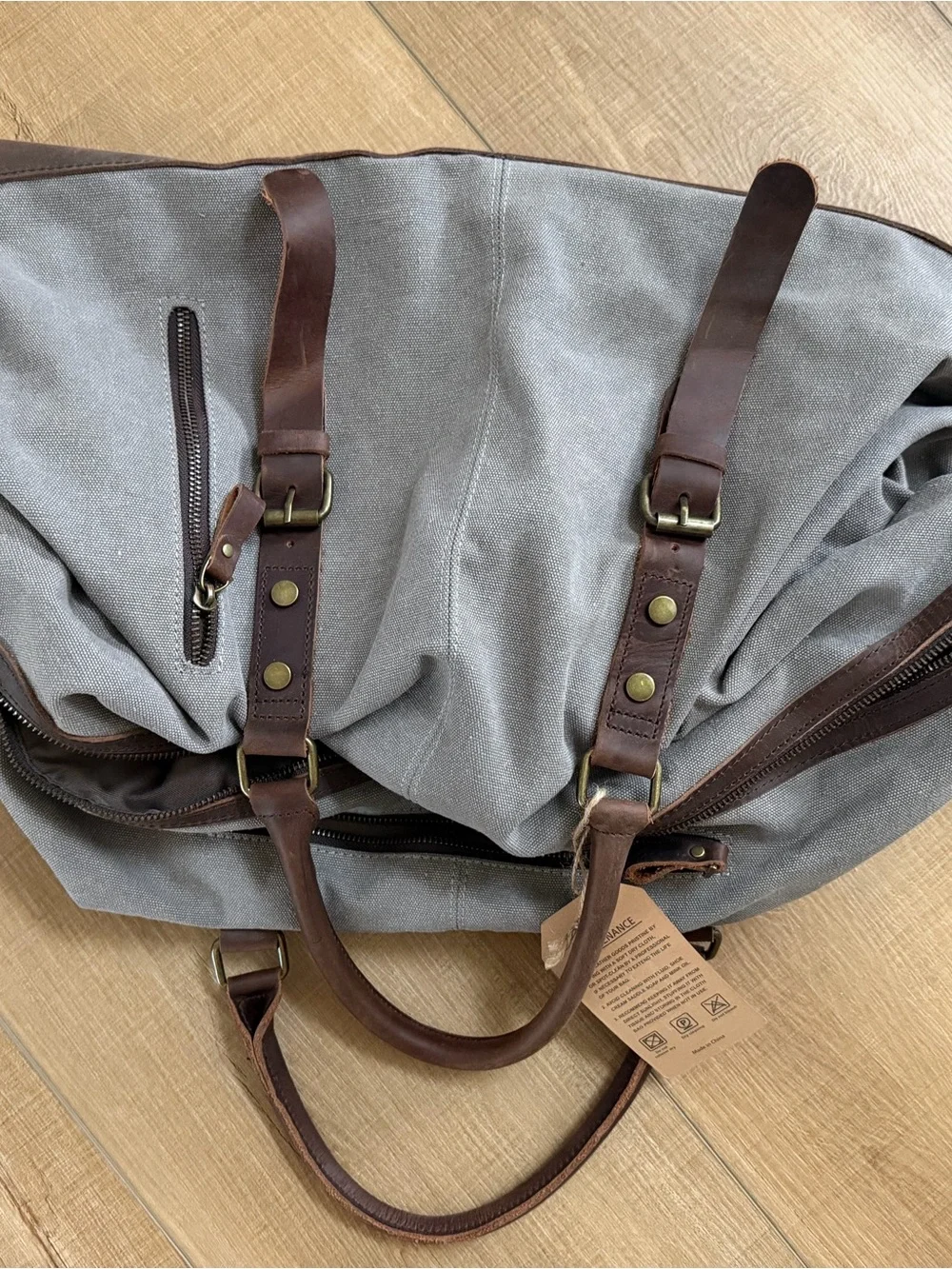 Gray Canvas Duffel Bag with Brown Leather Trim - Classic Travel Weekender